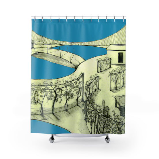 Tuscan light grey hand-drawn landscape art shower curtain with soft hills and village by WG Patrick Studios.