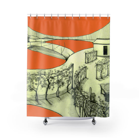 Tuscan orange hand-drawn landscape art shower curtain with bright hills and village by WG Patrick Studios.
