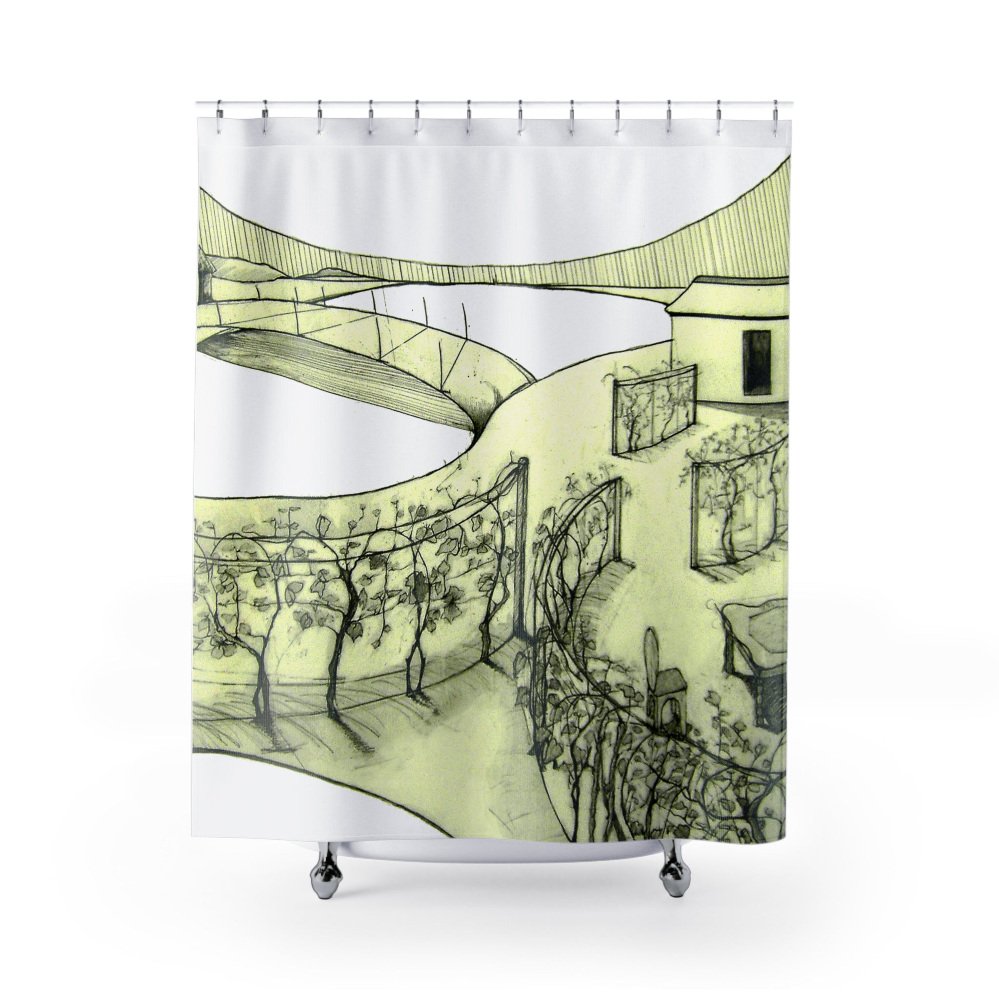 Fabric shower curtain printed with hand-drawn Tuscan landscape scene, hills and trees on a painterly background by WG Patrick Studios.