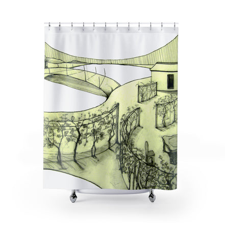 Fabric shower curtain printed with hand-drawn Tuscan landscape scene, hills and trees on a painterly background by WG Patrick Studios.