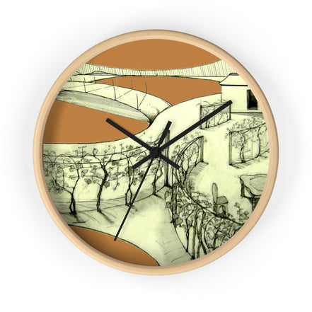 “Tuscan light brown landscape art wall clock with hand-drawn architecture and warm brown sky by WG Patrick Studios.”