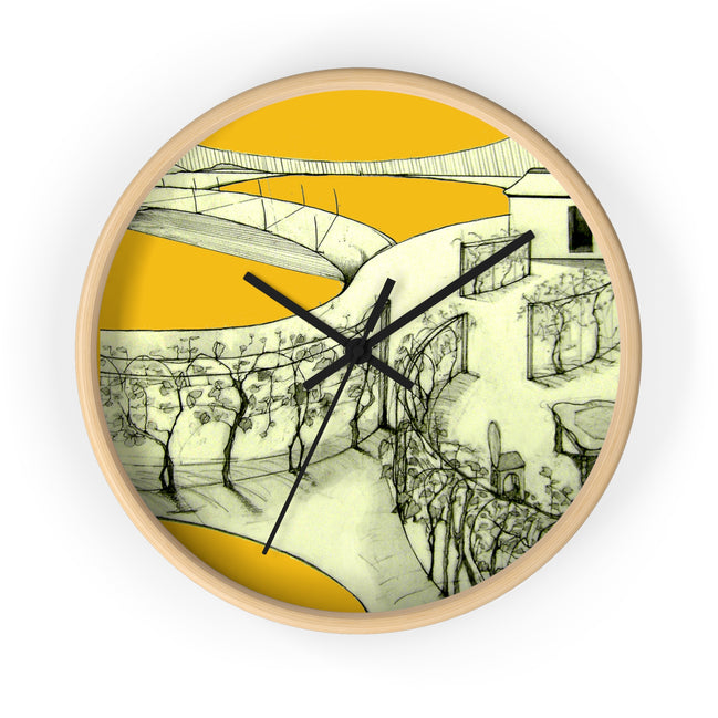 Tuscan yellow landscape art wall clock with hand-drawn architecture and bright yellow sky by WG Patrick Studios