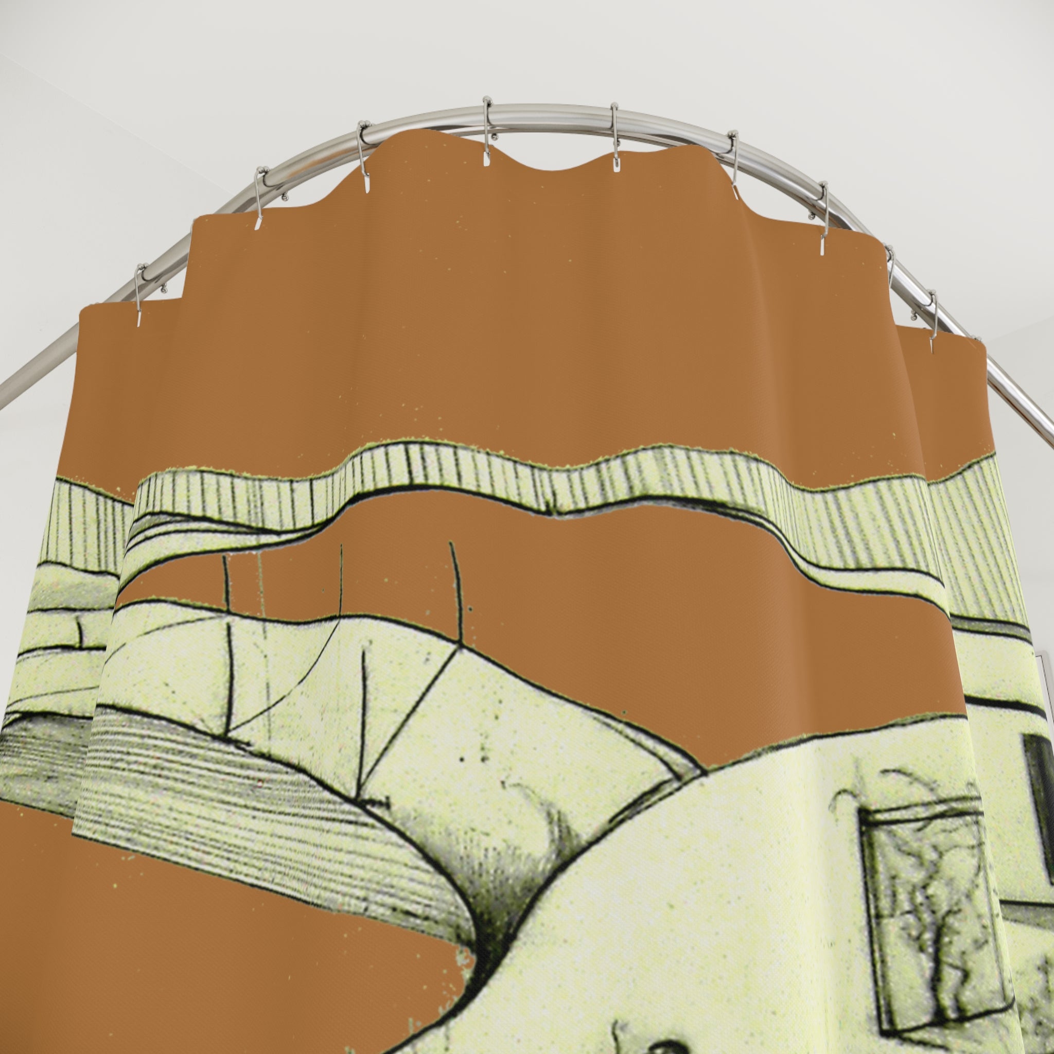 Hand-drawn Tuscan landscape shower curtain detail in light brown tones with green architectural line art