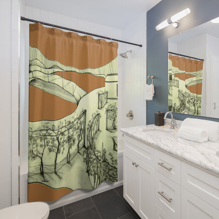 Modern bathroom styled with a Tuscan light brown shower curtain featuring hand-drawn landscape linework
