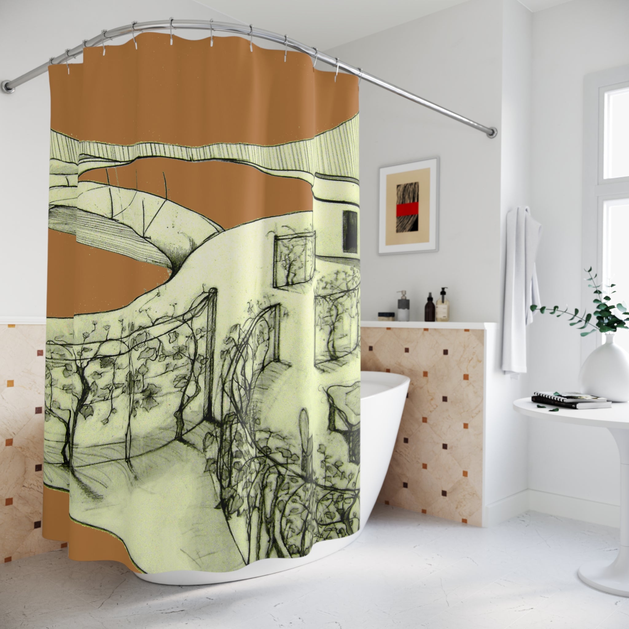 Designer Tuscan landscape shower curtain in a contemporary bathroom with light brown background and green linework