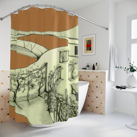 Designer Tuscan landscape shower curtain in a contemporary bathroom with light brown background and green linework