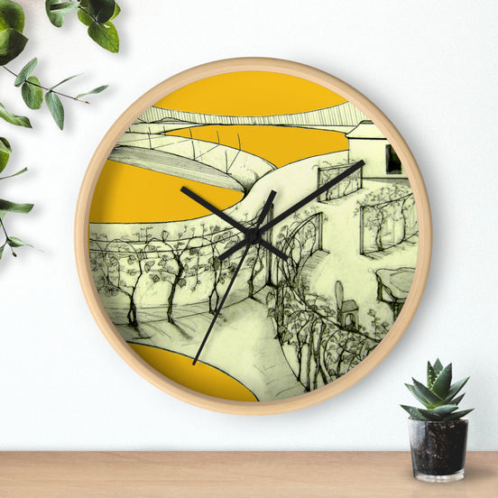 Tuscan yellow landscape wall clock with architectural sketch artwork, black linework, black hands, and a natural wood frame, styled as modern wall decor.