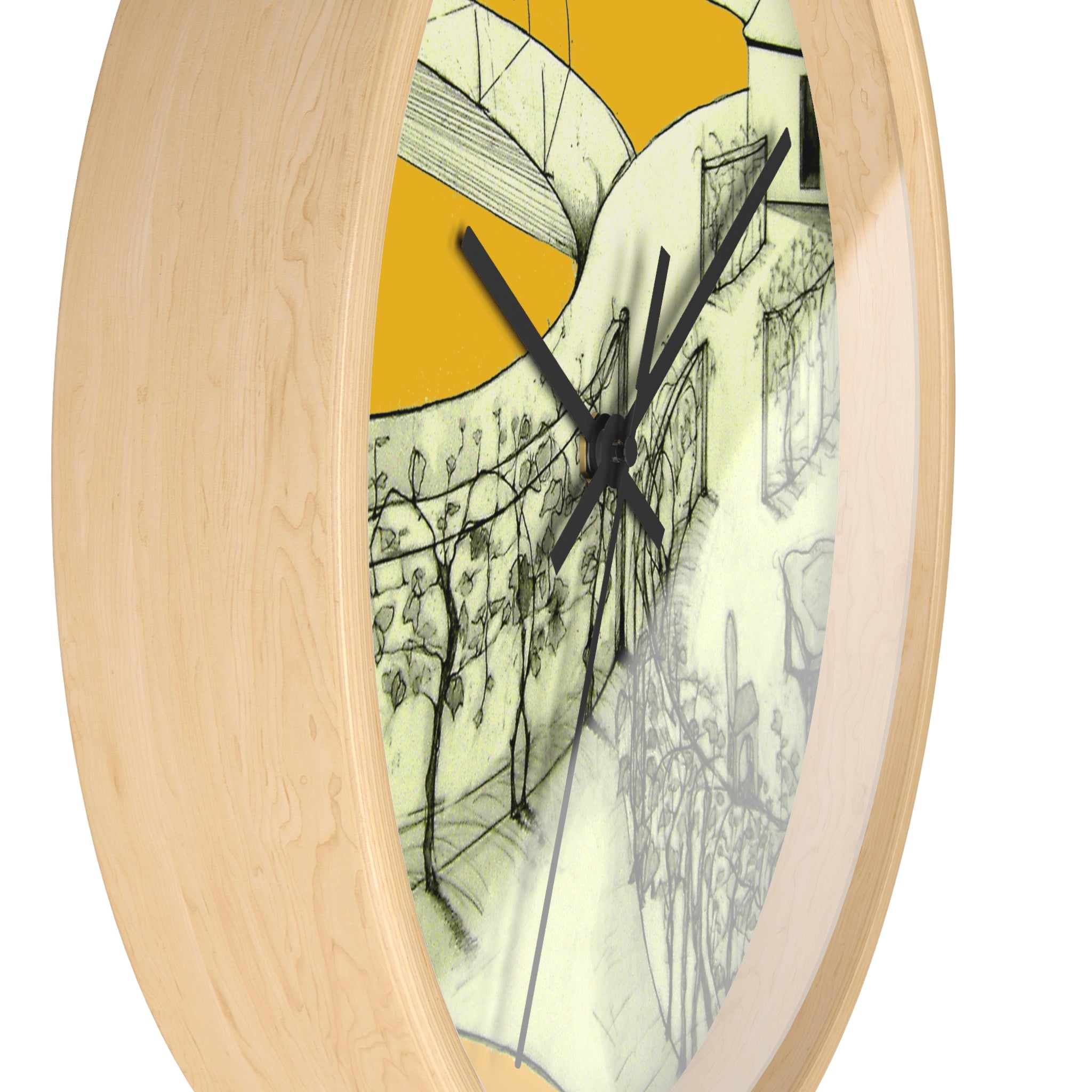 Side view of Tuscan designer wall clock showing natural wood frame depth and yellow architectural landscape artwork.