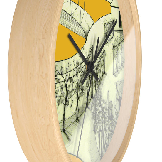 Side view of Tuscan designer wall clock showing natural wood frame depth and yellow architectural landscape artwork.