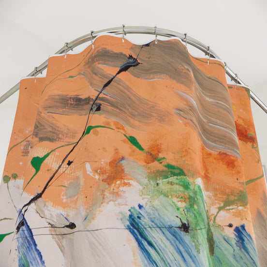Painterly abstract shower curtain detail with expressive brushstrokes in orange, blue, and green