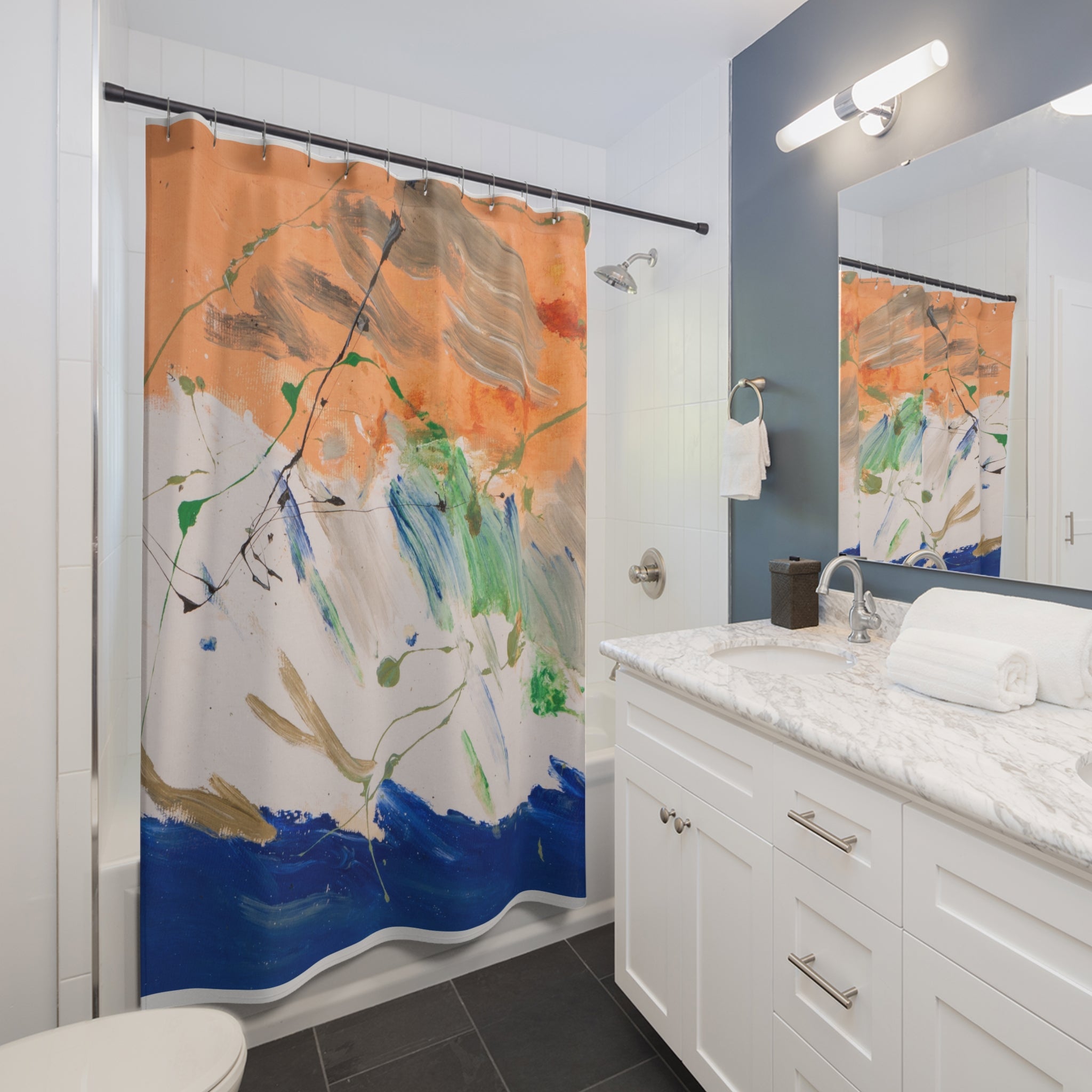 Modern bathroom styled with a colorful abstract expressionist shower curtain as statement decor