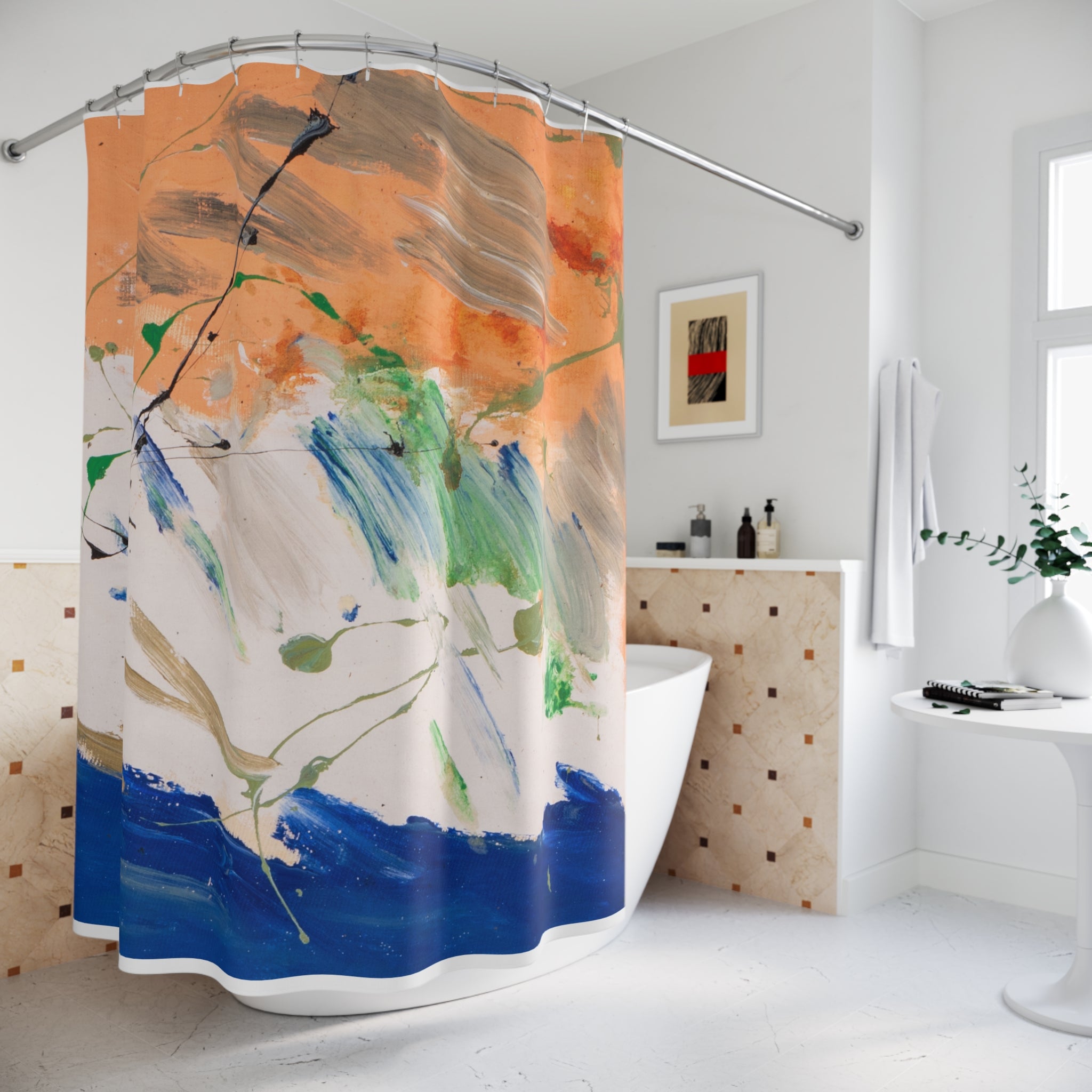 Statement shower curtain featuring vibrant abstract brushwork in a contemporary bathroom setting