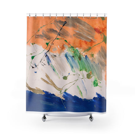 Fabric shower curtain with abstract coastal scene, orange sky over cobalt blue sea from Via Le France series by WG Patrick Studios.
